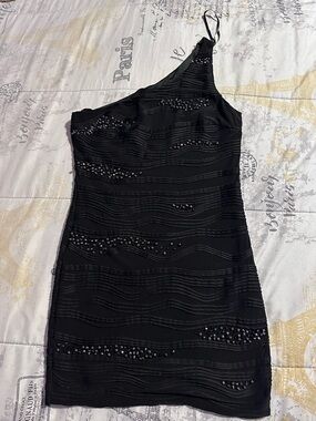 bebe Black One-Shoulder Beaded Evening Dress